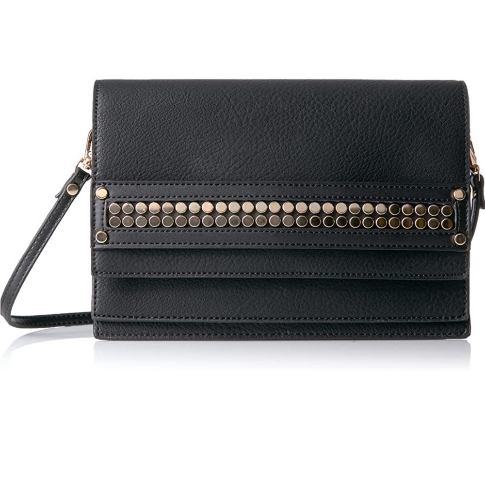 Steve Madden Bhavenn Foldover Crossbody & Clutch, Black & Gold Tone Metal Studs